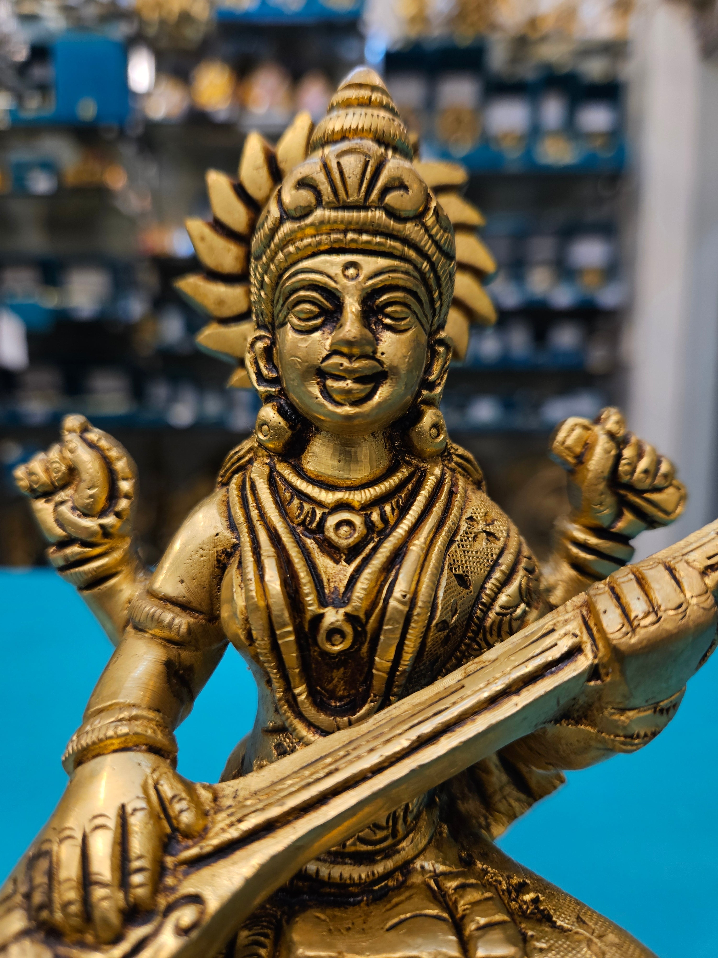 Brass Saraswati Idol for Pooja Room | Handcrafted Murti Gift